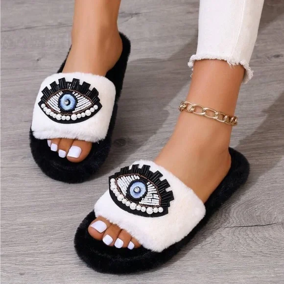 Bejeweled Evil Eye Slippers, Evil Eye Fuzzy Slippers - Picture 7 of 10